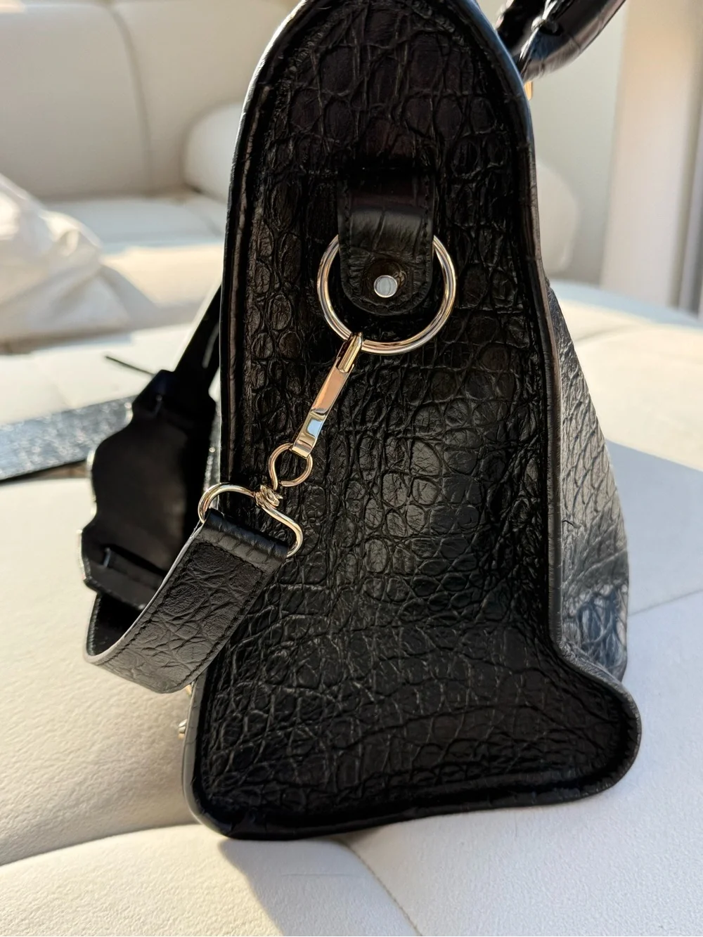 Balenciaga Black Croc-Embossed Lamb Leather City Bag